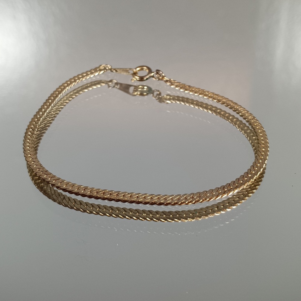 Gold Tone Double Herringbone Chain Bracelet Clasp Stamped KOREA